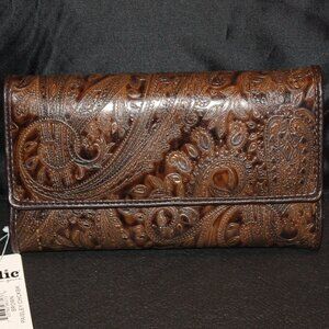 RELIC Wallet/Clutch Brown Paisley Checkbook embossed tooled leather design NWT
